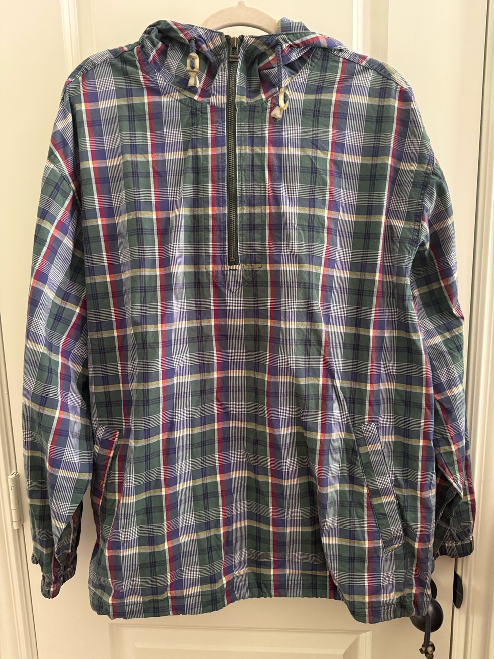 VTG EDDIE BAUER Sz Medium Madras Plaid Cotton 1/2 Zip Anorak Jacket Popover Men